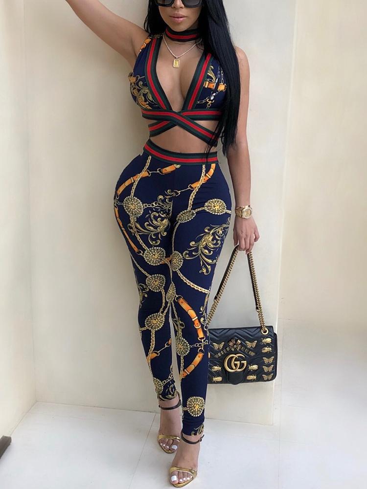 Digital Print Striped Choker V Slinky Pants Set - DadHats2ow6ix