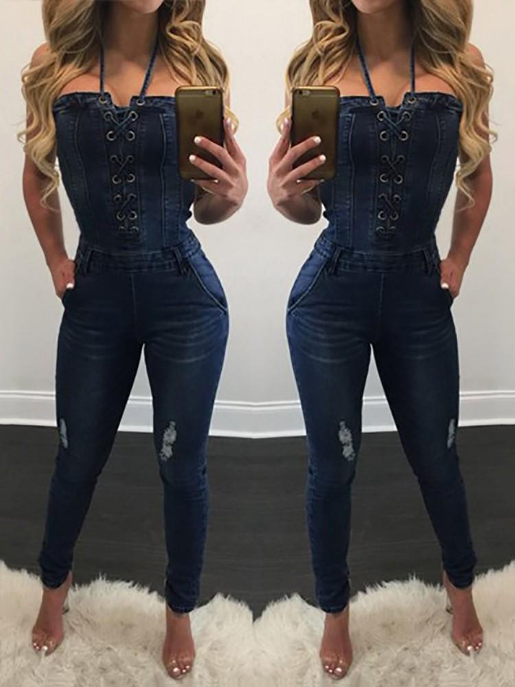 Stylish Criss Cross Halter Neck Denim Jumpsuit - DadHats2ow6ix