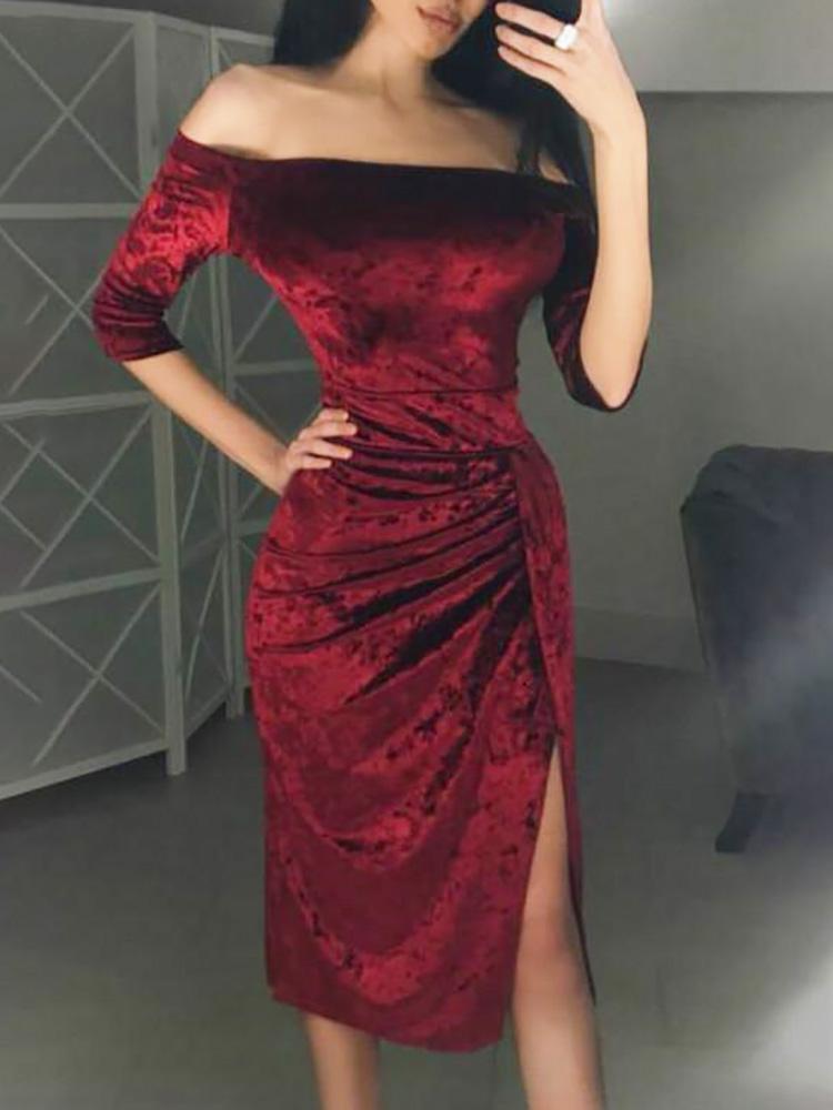 Velvet Off Shoulder Ruched Thigh Slit Dress - DadHats2ow6ix