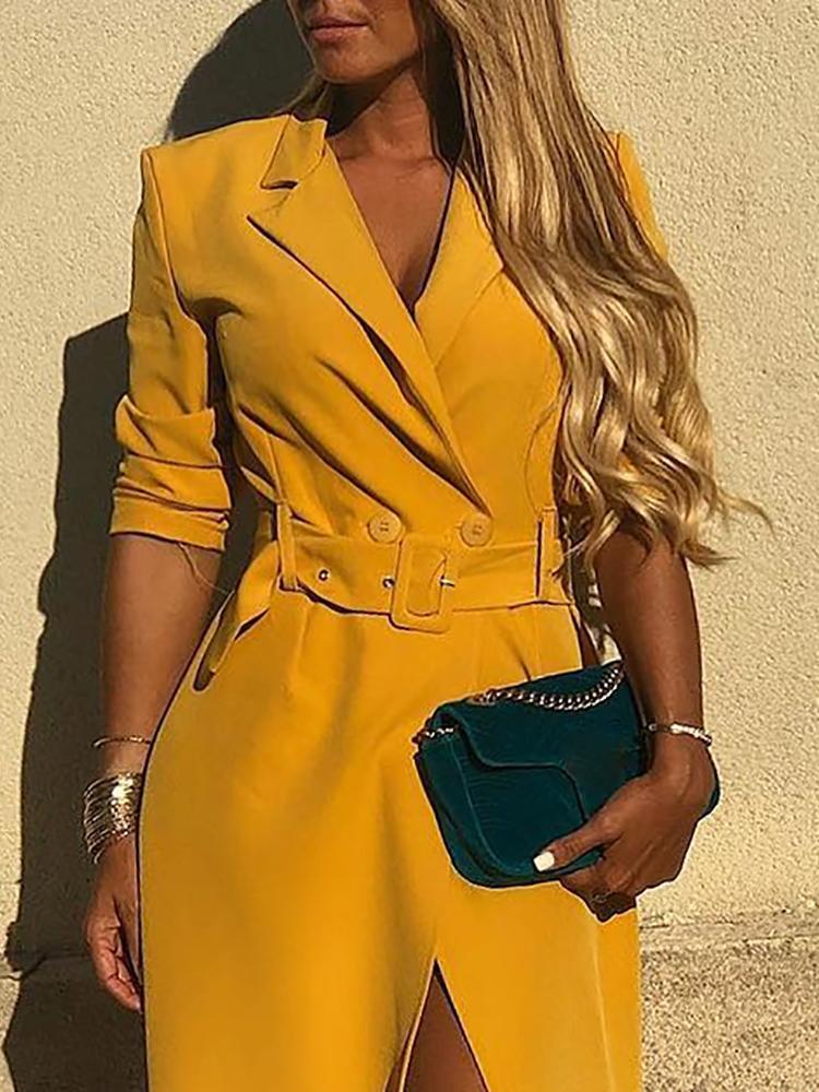 Solid Self Belted Slit Blazer Dress - DadHats2ow6ix
