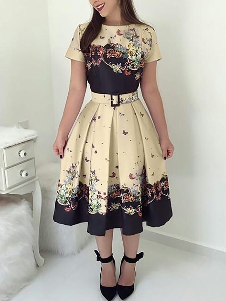 Butterfly Print Short Sleeve Belted Pleated Dress - DadHats2ow6ix