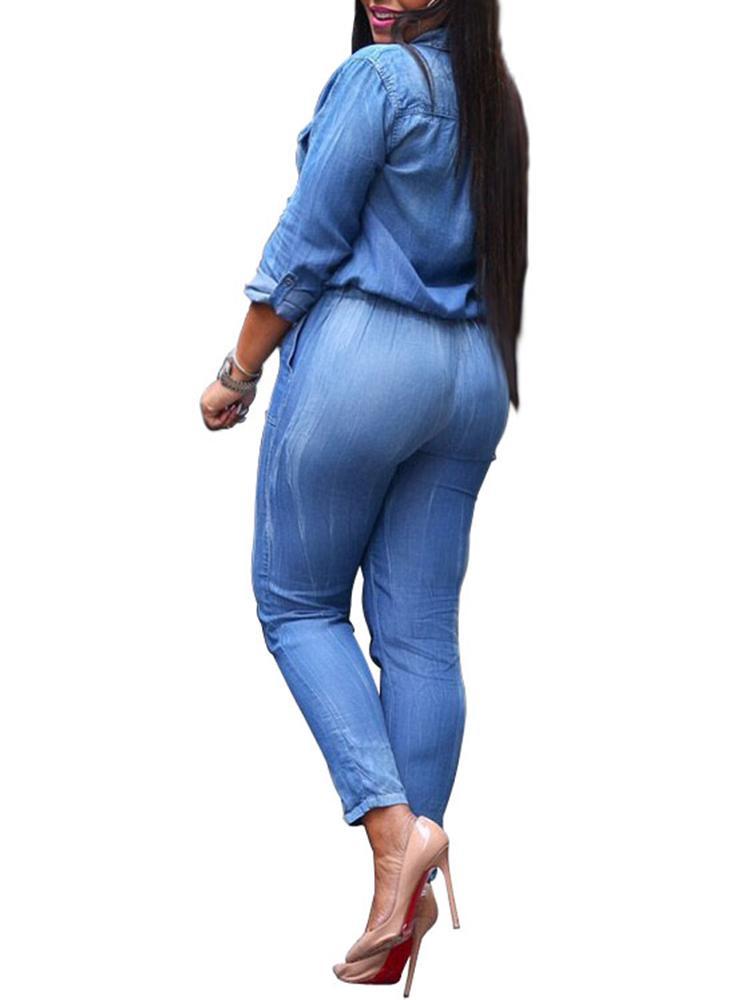 Women Long Sleeve Slim Fit Denim Jumpsuit - DadHats2ow6ix