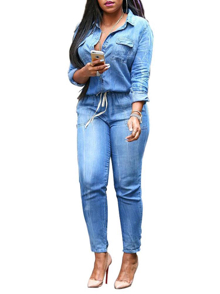 Women Long Sleeve Slim Fit Denim Jumpsuit - DadHats2ow6ix