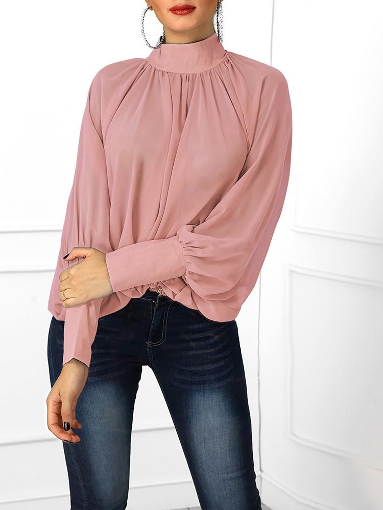 Solid Lantern Sleeve Scrunched Blouse - DadHats2ow6ix