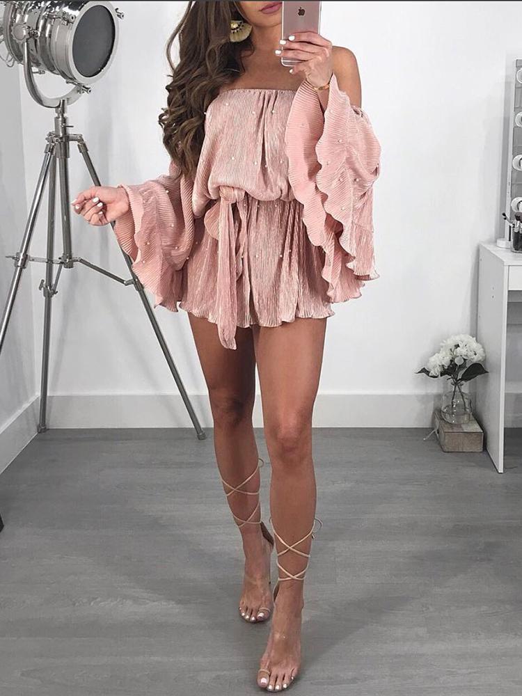 Off Shoulder Flared Sleeve Belted Sexy Romper - DadHats2ow6ix