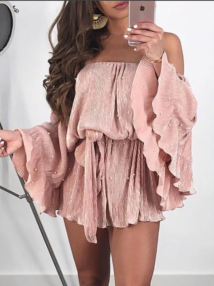 Off Shoulder Flared Sleeve Belted Sexy Romper - DadHats2ow6ix