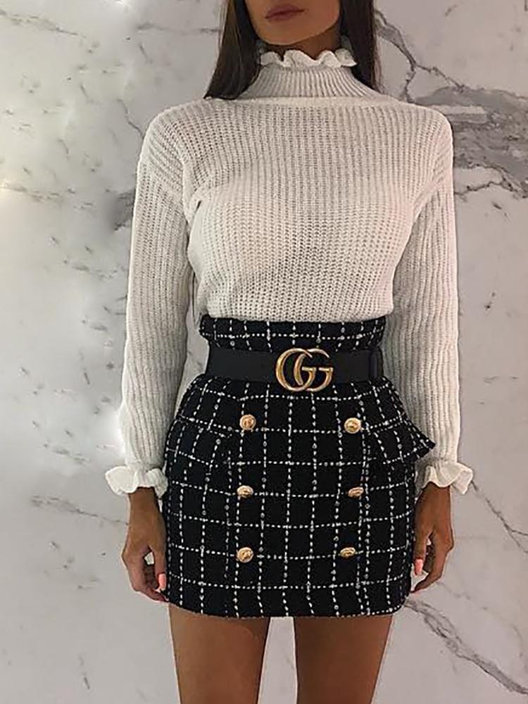 Grid Double-Breasted High Waist Mini Skirt - DadHats2ow6ix