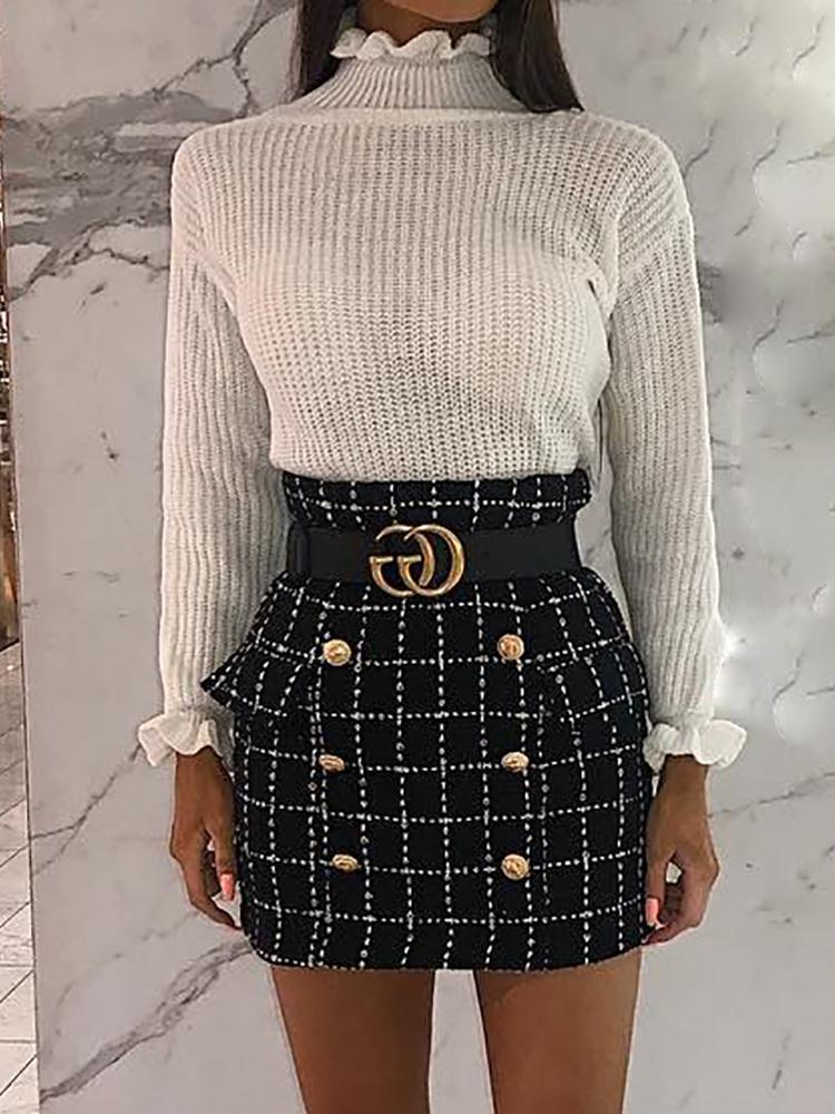 Grid Double-Breasted High Waist Mini Skirt - DadHats2ow6ix