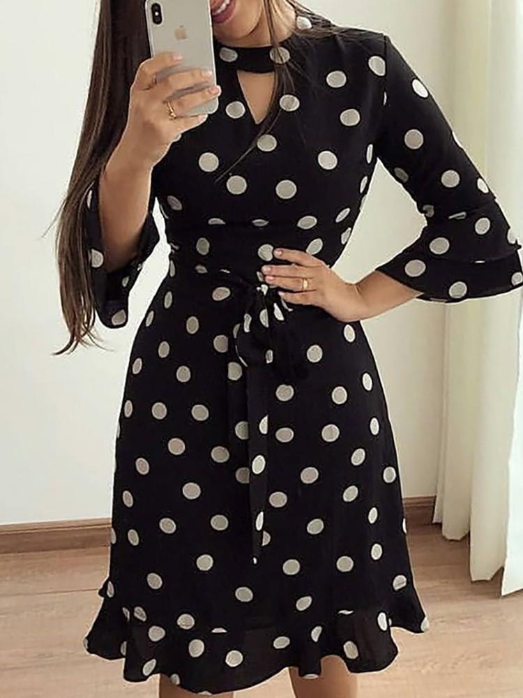 Polka Dot Print Ruffle Belted Casual Dress - DadHats2ow6ix