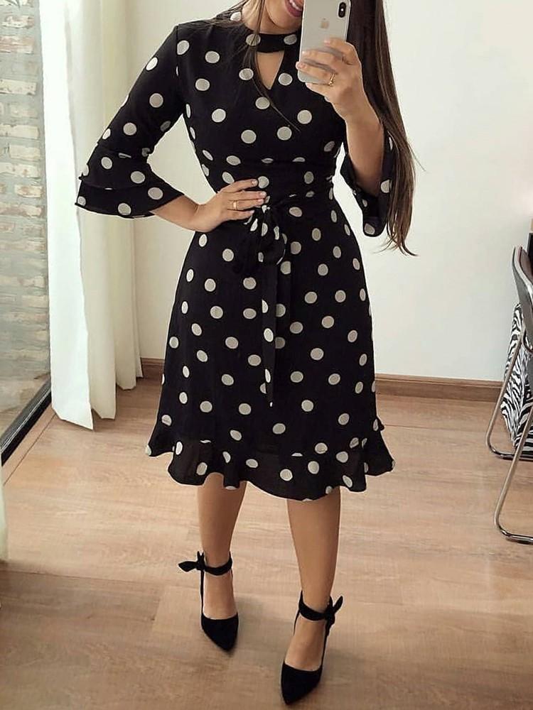 Polka Dot Print Ruffle Belted Casual Dress - DadHats2ow6ix