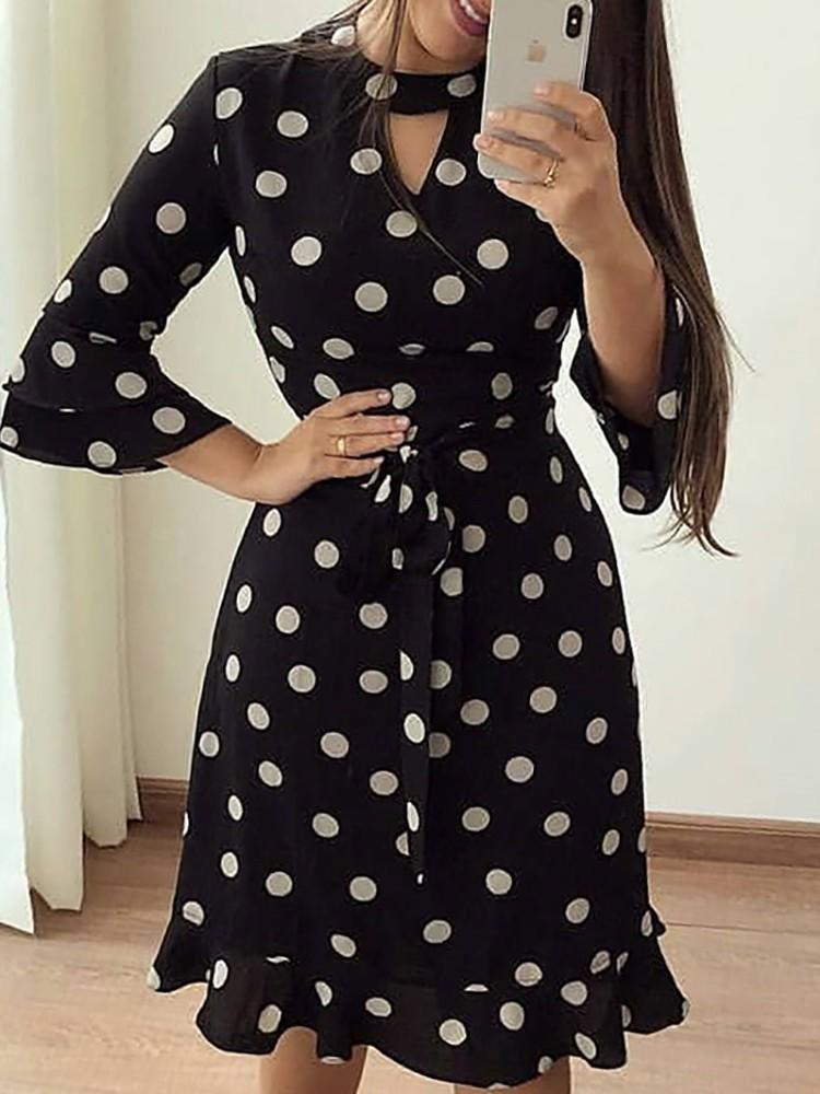 Polka Dot Print Ruffle Belted Casual Dress - DadHats2ow6ix