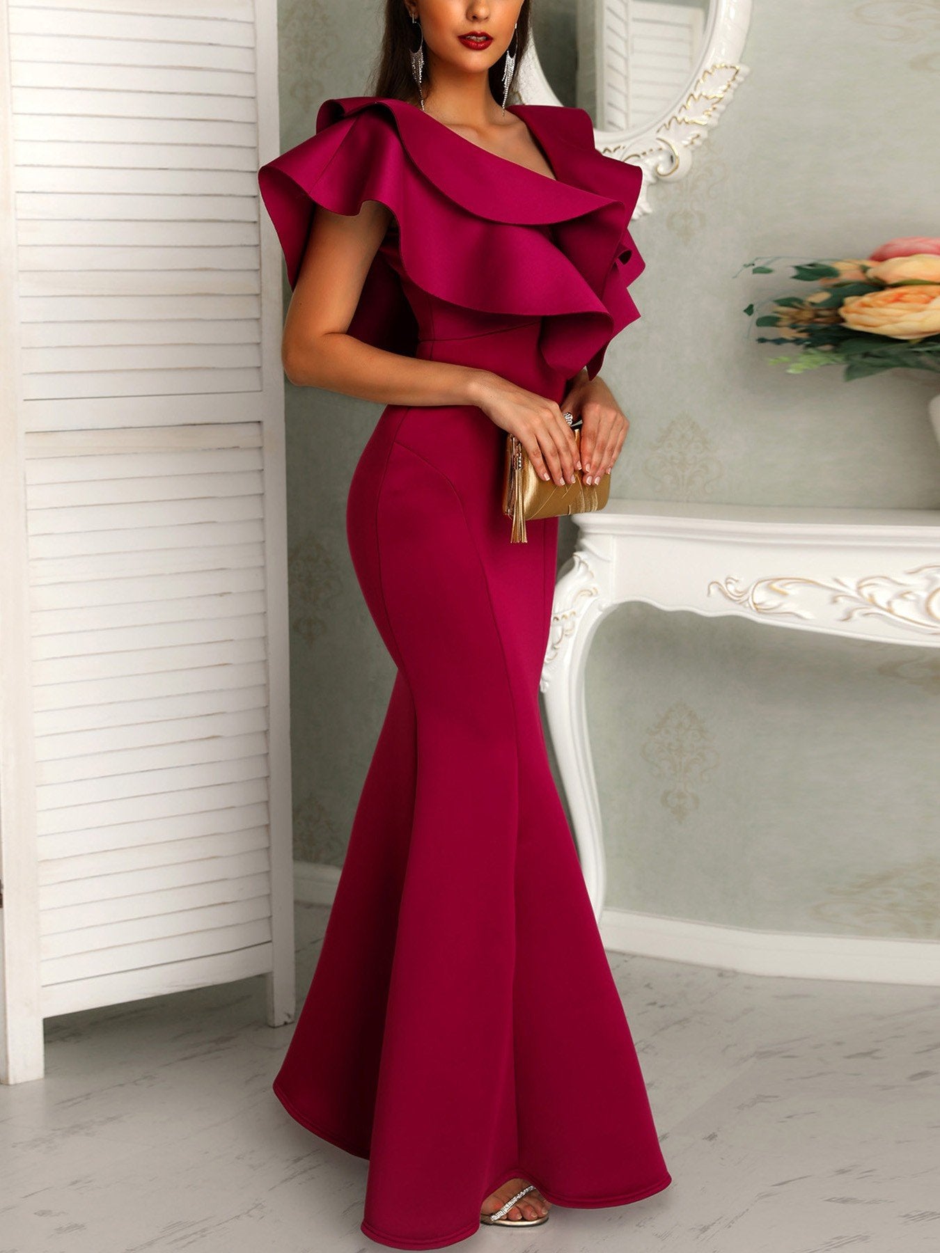 Deep V Layered Ruffles Fishtail Evening Dress - DadHats2ow6ix