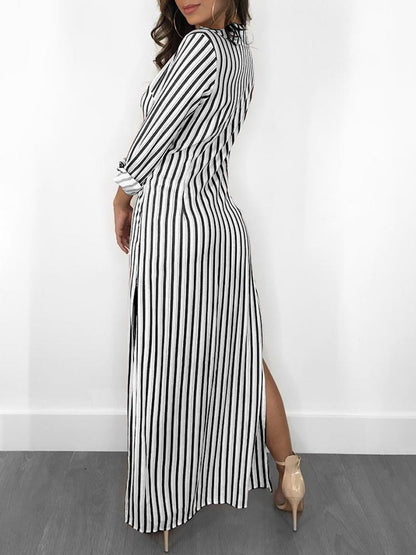 Stripes Long Sleeve Button Up Slit Maxi Shirt Dress - DadHats2ow6ix