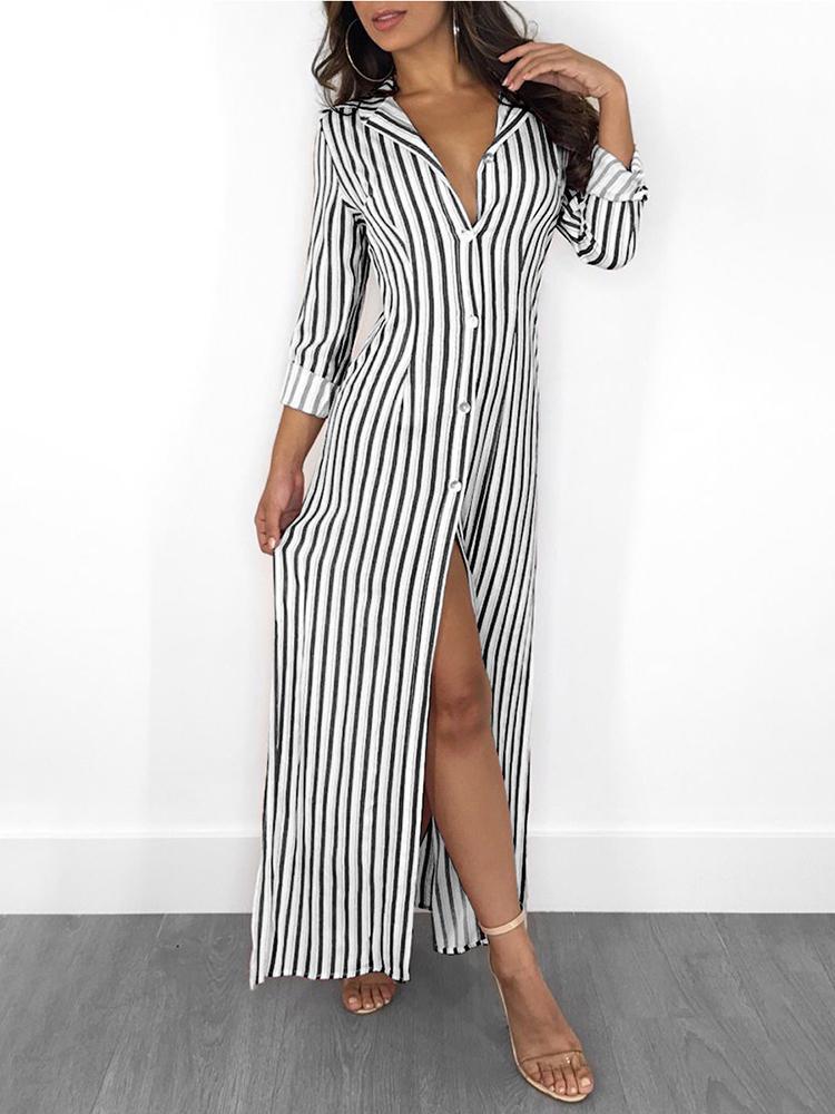 Stripes Long Sleeve Button Up Slit Maxi Shirt Dress - DadHats2ow6ix