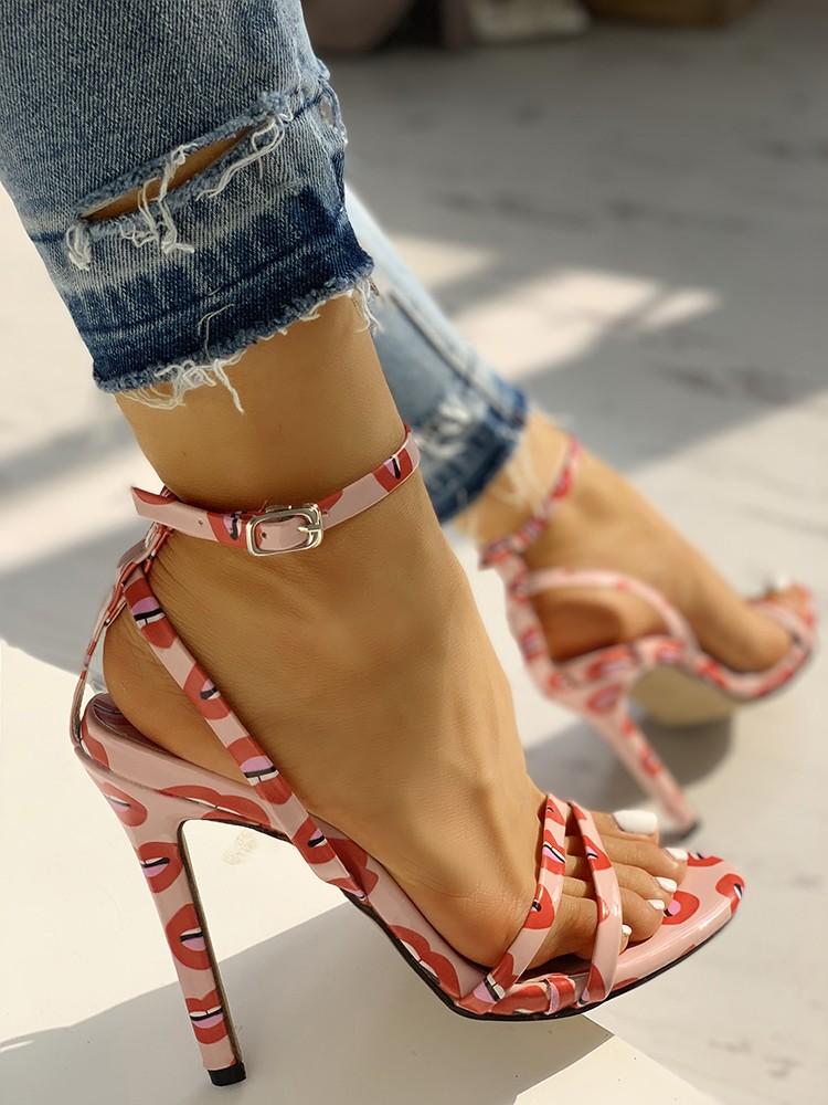 Lips Pattern Ankle Buckle Thin Heeled Sandals - DadHats2ow6ix