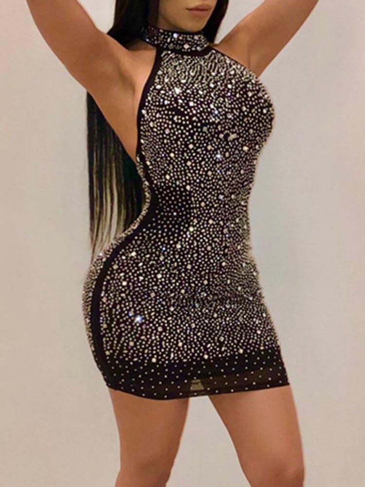 Glittering Halter Backless Bodycon Dress - DadHats2ow6ix