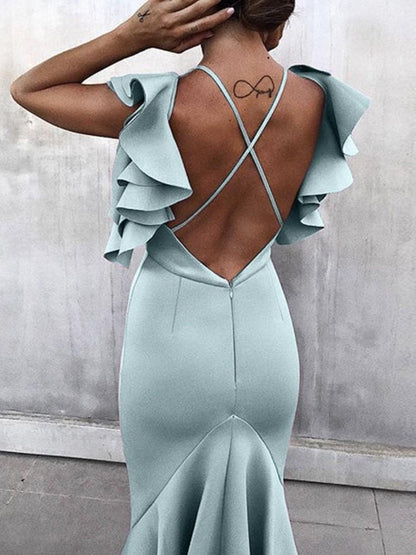 Solid Ruffles Backless Fishtail Maxi Dress - DadHats2ow6ix