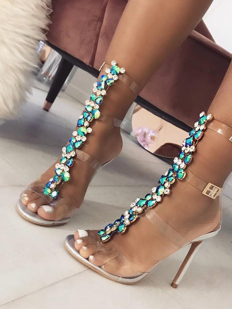 Glittering Embellished Transparent Strap Stiletto Sandals - DadHats2ow6ix