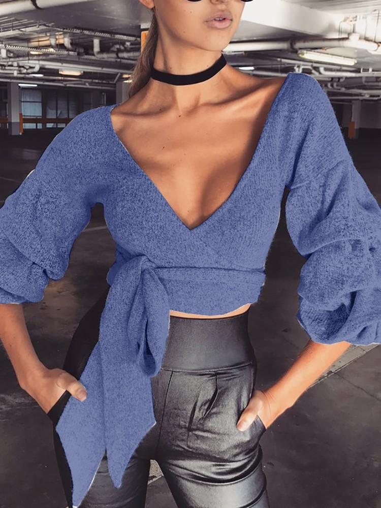 Plunge Neck Puffed Sleeve Tie Waist Crop Top - DadHats2ow6ix