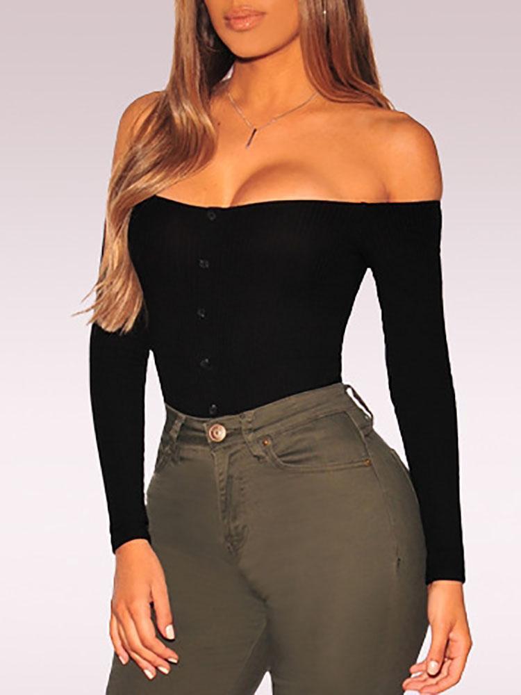 Off Shoulder Rib Button Detail Bodysuit - DadHats2ow6ix