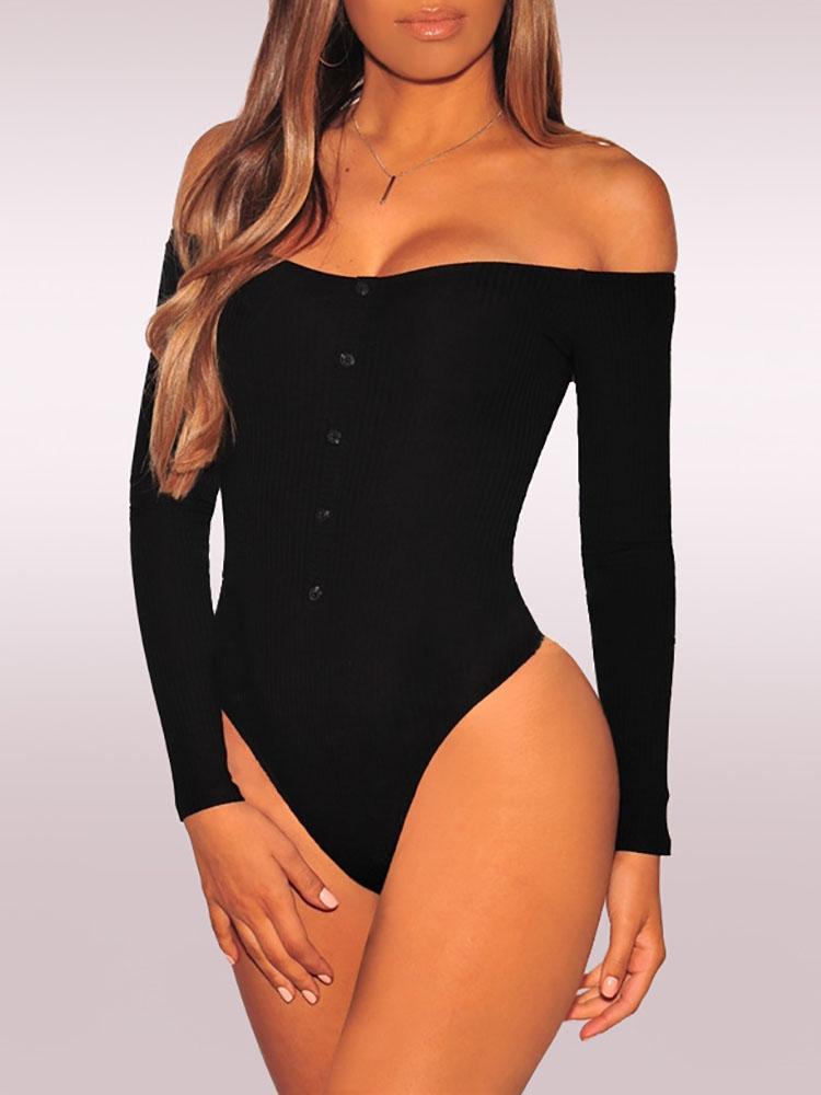 Off Shoulder Rib Button Detail Bodysuit - DadHats2ow6ix