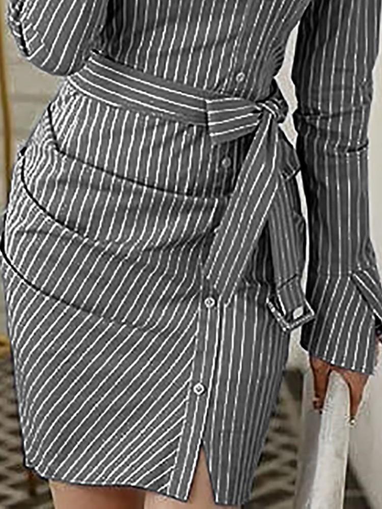 Pinstripes Ruched Irregular Belted Shirt Dress - DadHats2ow6ix