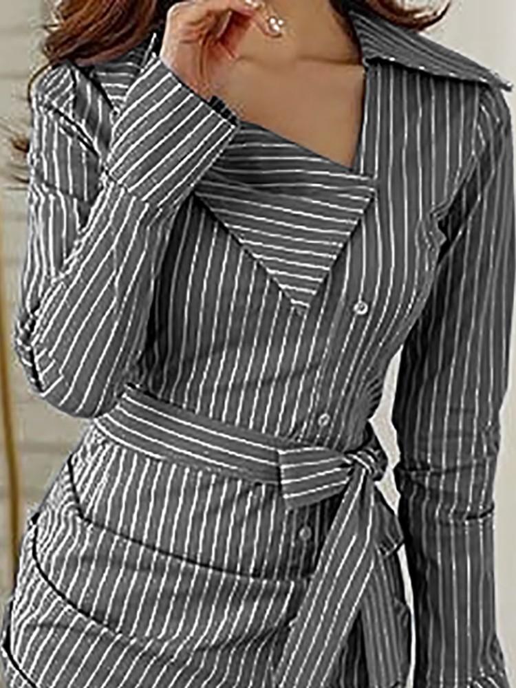 Pinstripes Ruched Irregular Belted Shirt Dress - DadHats2ow6ix