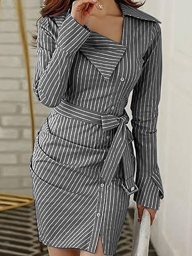 Pinstripes Ruched Irregular Belted Shirt Dress - DadHats2ow6ix