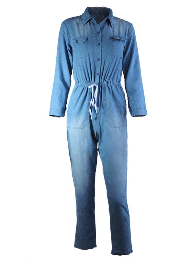 Women Long Sleeve Slim Fit Denim Jumpsuit - DadHats2ow6ix