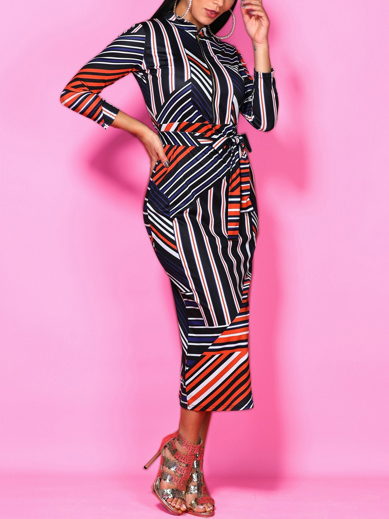 Irregular Striped Print Belted Sheath Dress - DadHats2ow6ix