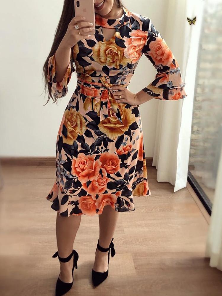 Floral Print Cutout Ruffles Flared Sleeve Casual Dress - DadHats2ow6ix