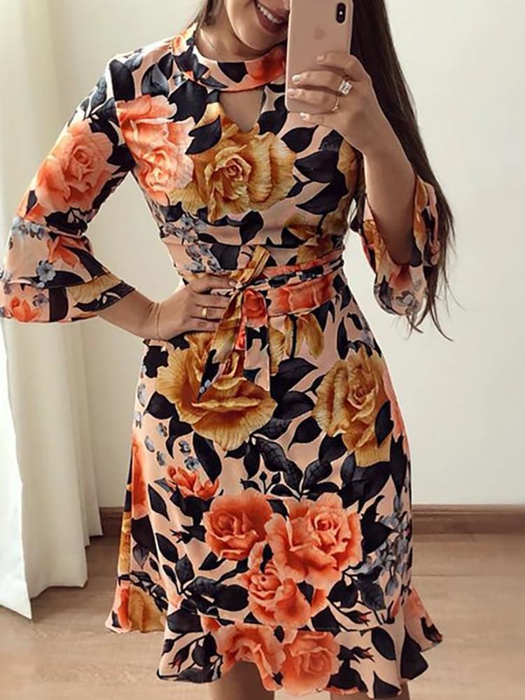 Floral Print Cutout Ruffles Flared Sleeve Casual Dress - DadHats2ow6ix