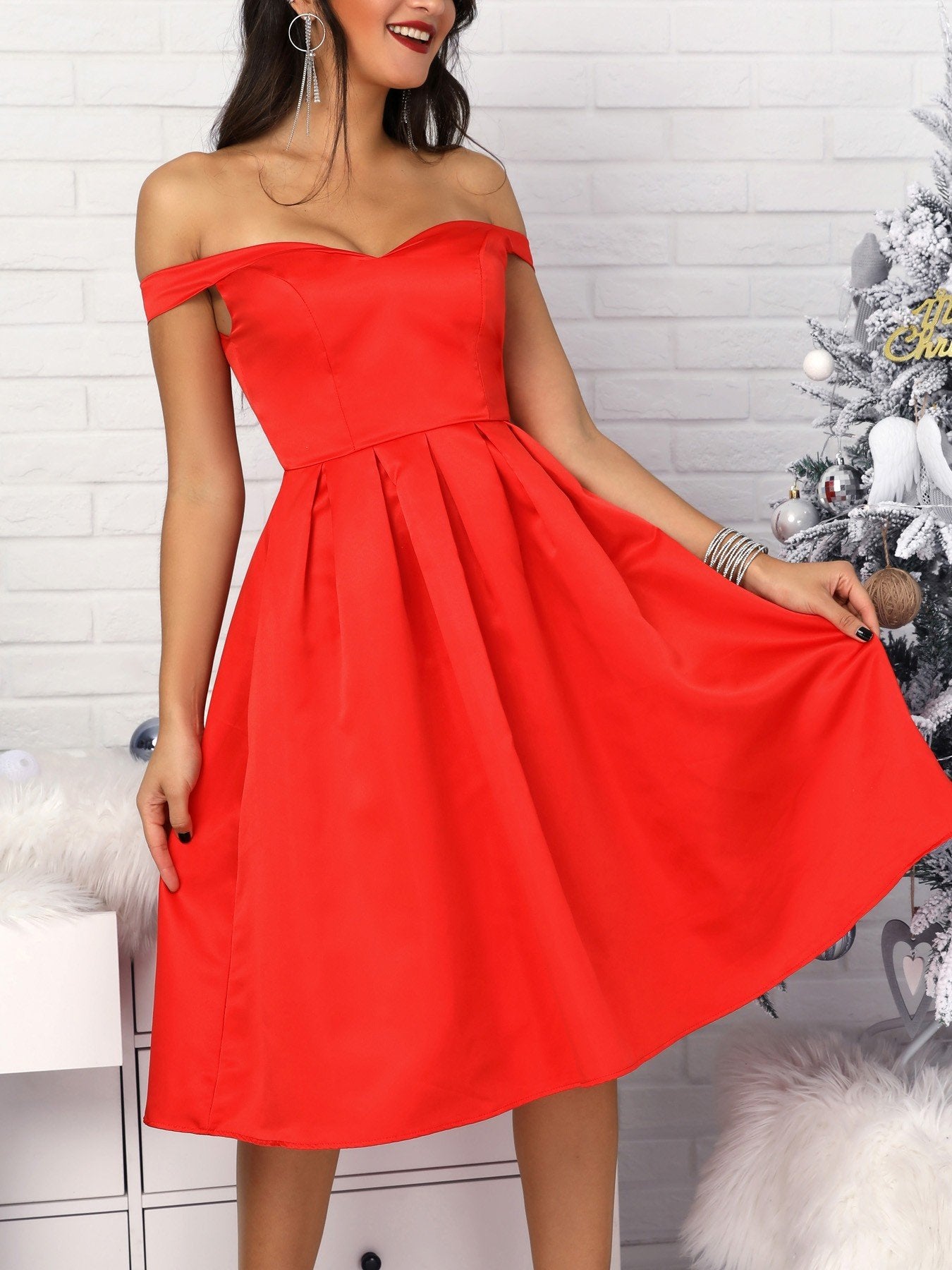 Sweetheart Neck Off Shoulder Pleated Party Dress - DadHats2ow6ix