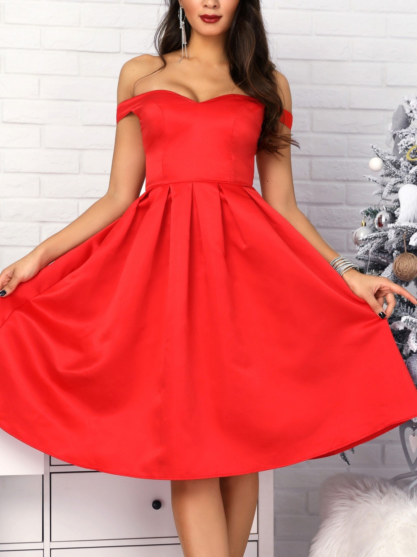 Sweetheart Neck Off Shoulder Pleated Party Dress - DadHats2ow6ix