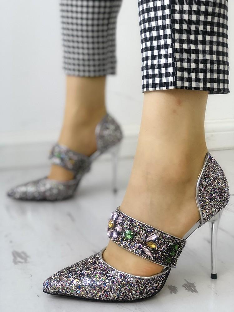 Sequins Embellished Multi-way Pointed Toe Thin Heels - DadHats2ow6ix