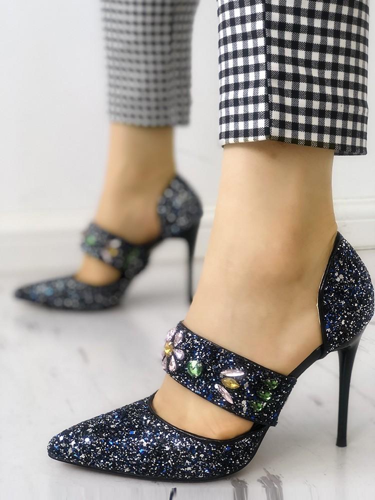 Sequins Embellished Multi-way Pointed Toe Thin Heels - DadHats2ow6ix