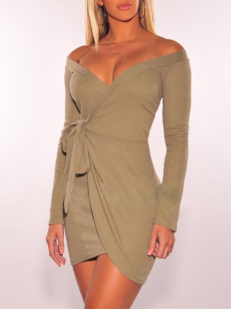 Off Shoulder Tied Waist Bodycon Wrap Dress - DadHats2ow6ix