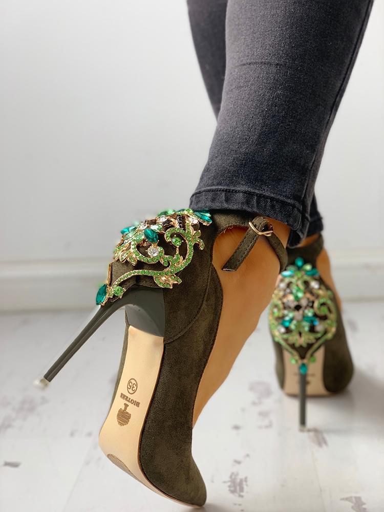 Gem-Studded Pointed Toe Ankle Strap Heels - DadHats2ow6ix