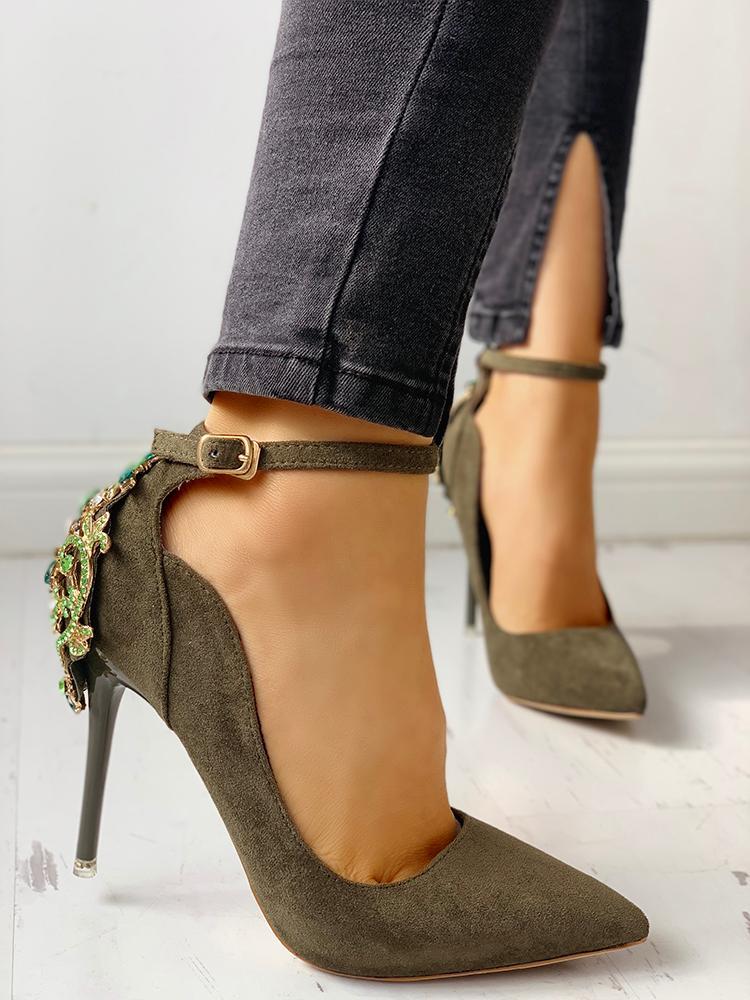 Gem-Studded Pointed Toe Ankle Strap Heels - DadHats2ow6ix