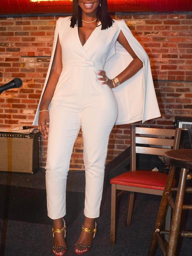 Solid Cape Sleeve Deep V Neck Wrap Skinny White Jumpsuit Pantsuit - DadHats2ow6ix