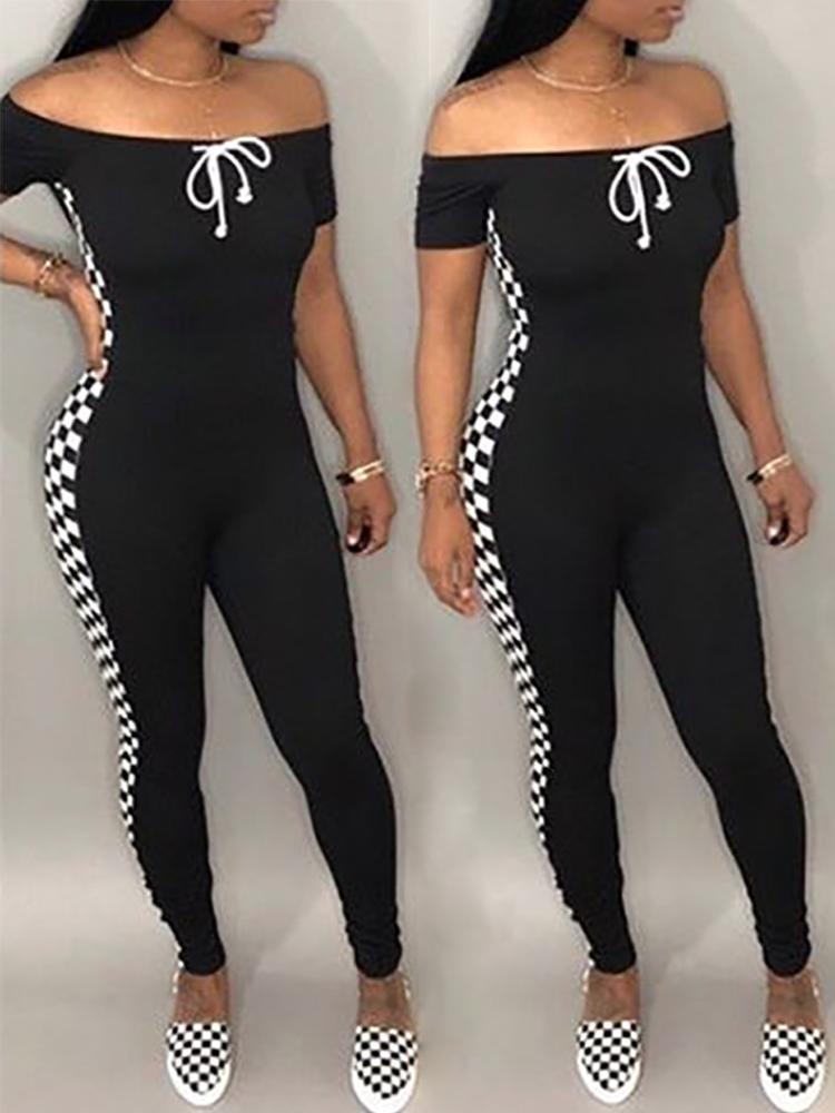 Checkerboard Print Side Drawstring Bardot Jumpsuit - DadHats2ow6ix