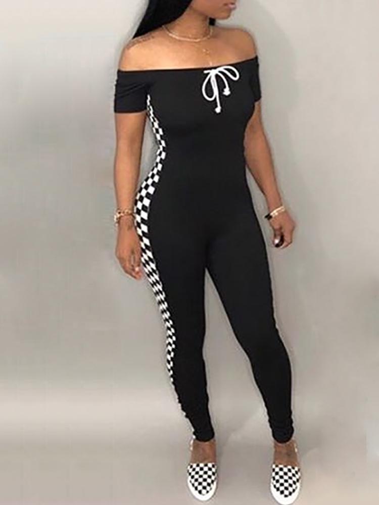 Checkerboard Print Side Drawstring Bardot Jumpsuit - DadHats2ow6ix