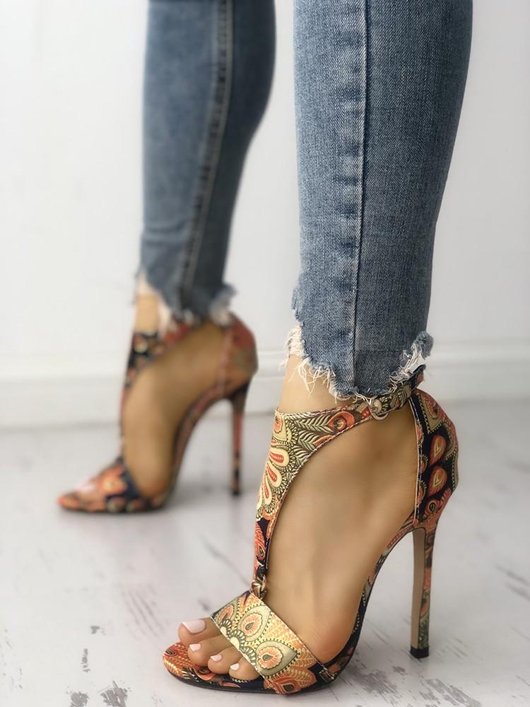 Peacock Feather Print T-Strap Thin Heeled Sandals - DadHats2ow6ix