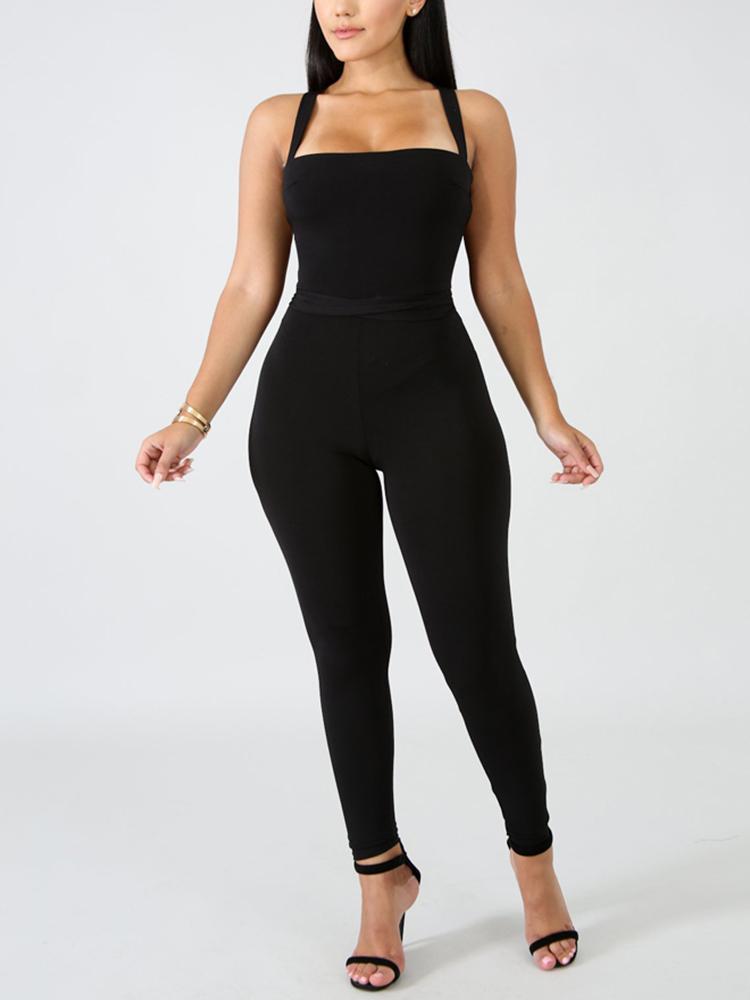 Solid Lace-up Back Slinky Petite Jumpsuit - DadHats2ow6ix