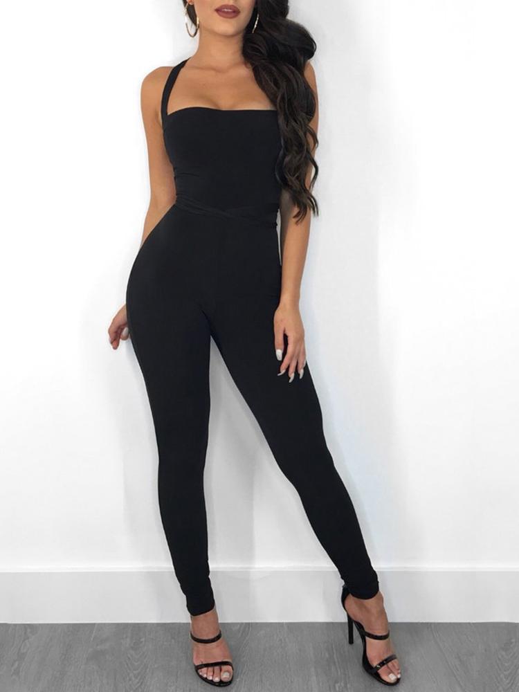 Solid Lace-up Back Slinky Petite Jumpsuit - DadHats2ow6ix