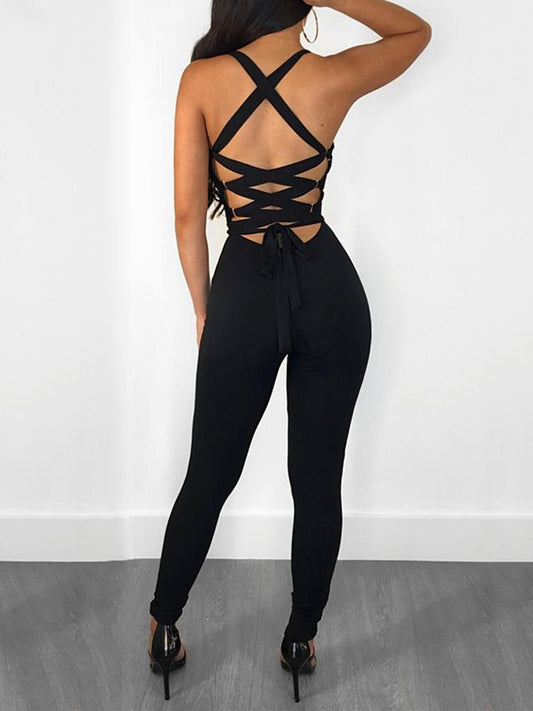 Solid Lace-up Back Slinky Petite Jumpsuit - DadHats2ow6ix