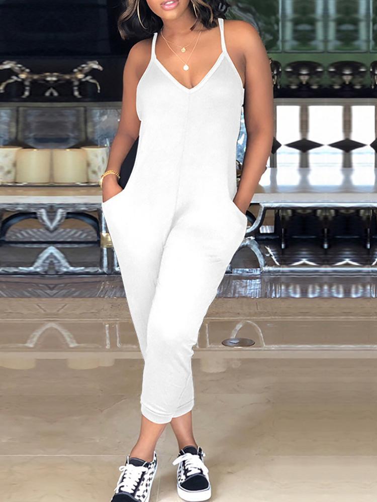 Solid Racer-Back Loose Slip Casual Jumpsuit - DadHats2ow6ix