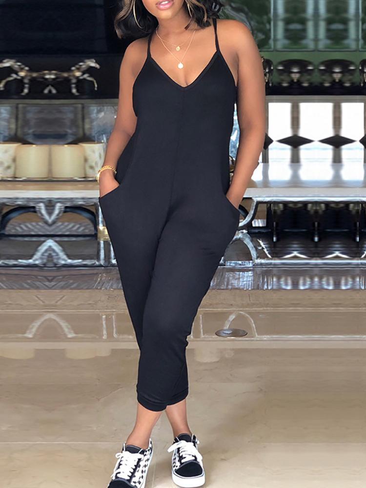 Solid Racer-Back Loose Slip Casual Jumpsuit - DadHats2ow6ix