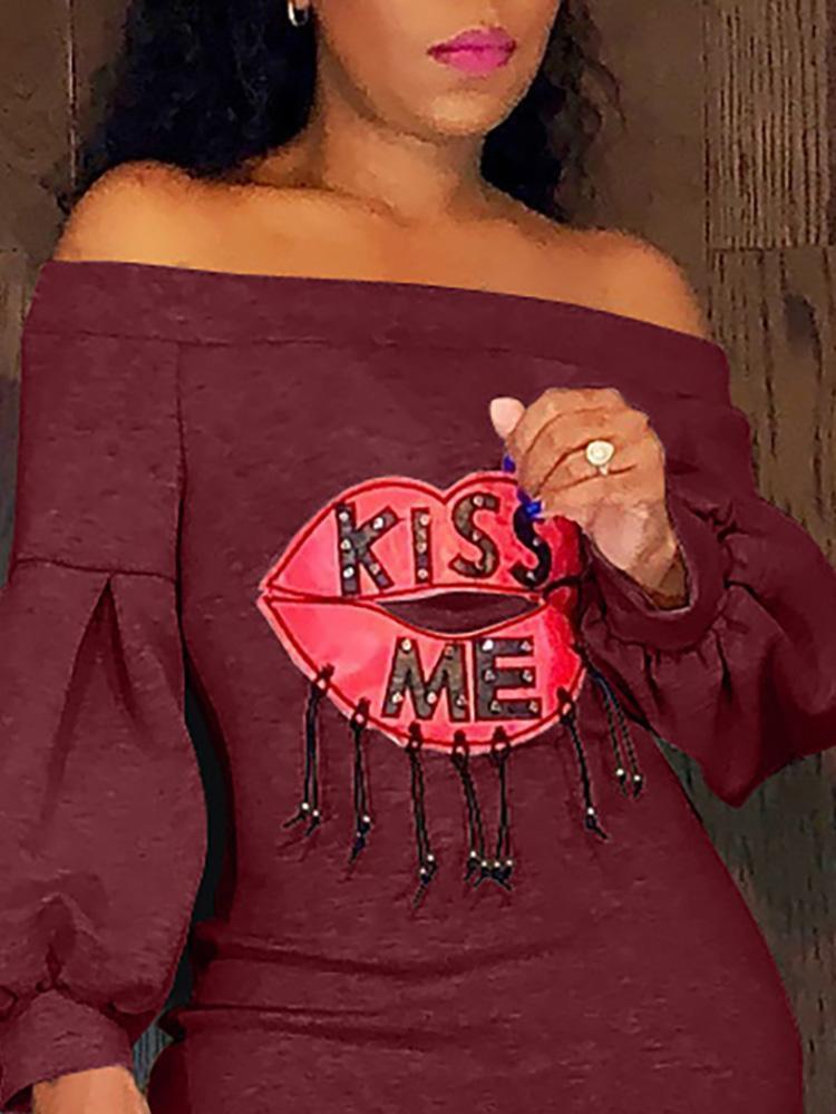 Kiss Me Lip Pattern Off Shoulder Dress - DadHats2ow6ix