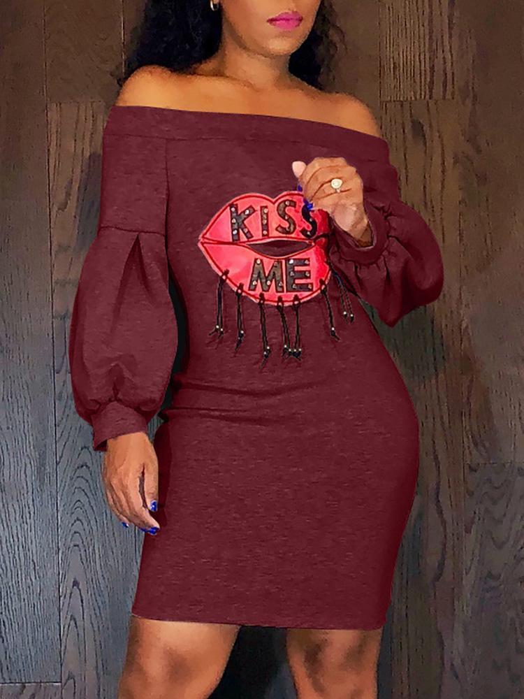 Kiss Me Lip Pattern Off Shoulder Dress - DadHats2ow6ix